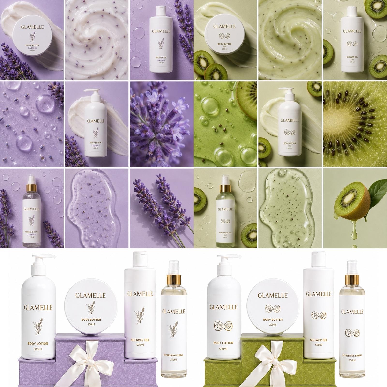 Glamelle body care collection — shower gel, body lotion, body butter, and refreshing floral, in lavender and kiwi