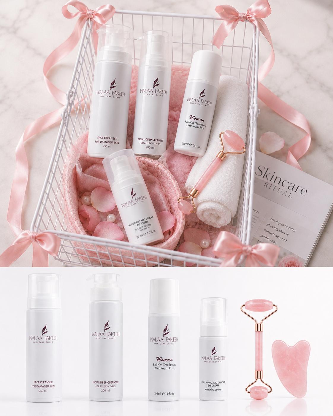 Walaa Fakeeh skin care collection — eye cream, face cleanser, facial deep cleanser, and roll-on deodorant
